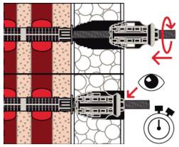 Diagram znázorňující vsunovací injekční zařízení pronikat vrstvami tkáně, se šipkami ukazujícími rotaci ve směru hodinových ručiček a hloubku vsunutí; ikony oka a přesýpacích hodin naznačují pozorování a časování.