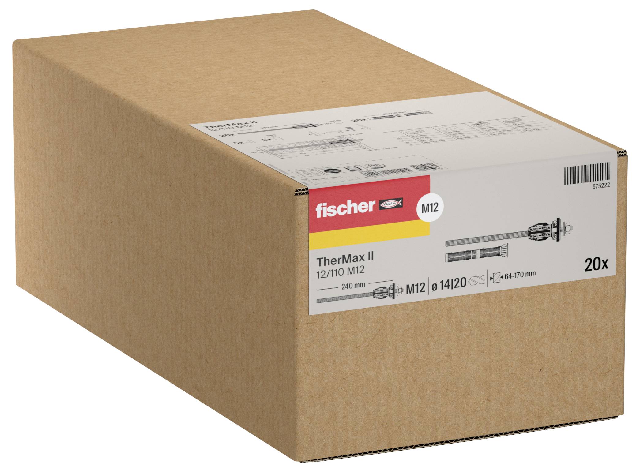 Kartonová krabice sady spojovacího materiálu fischer TherMax II M12, na přední straně označená 20x.