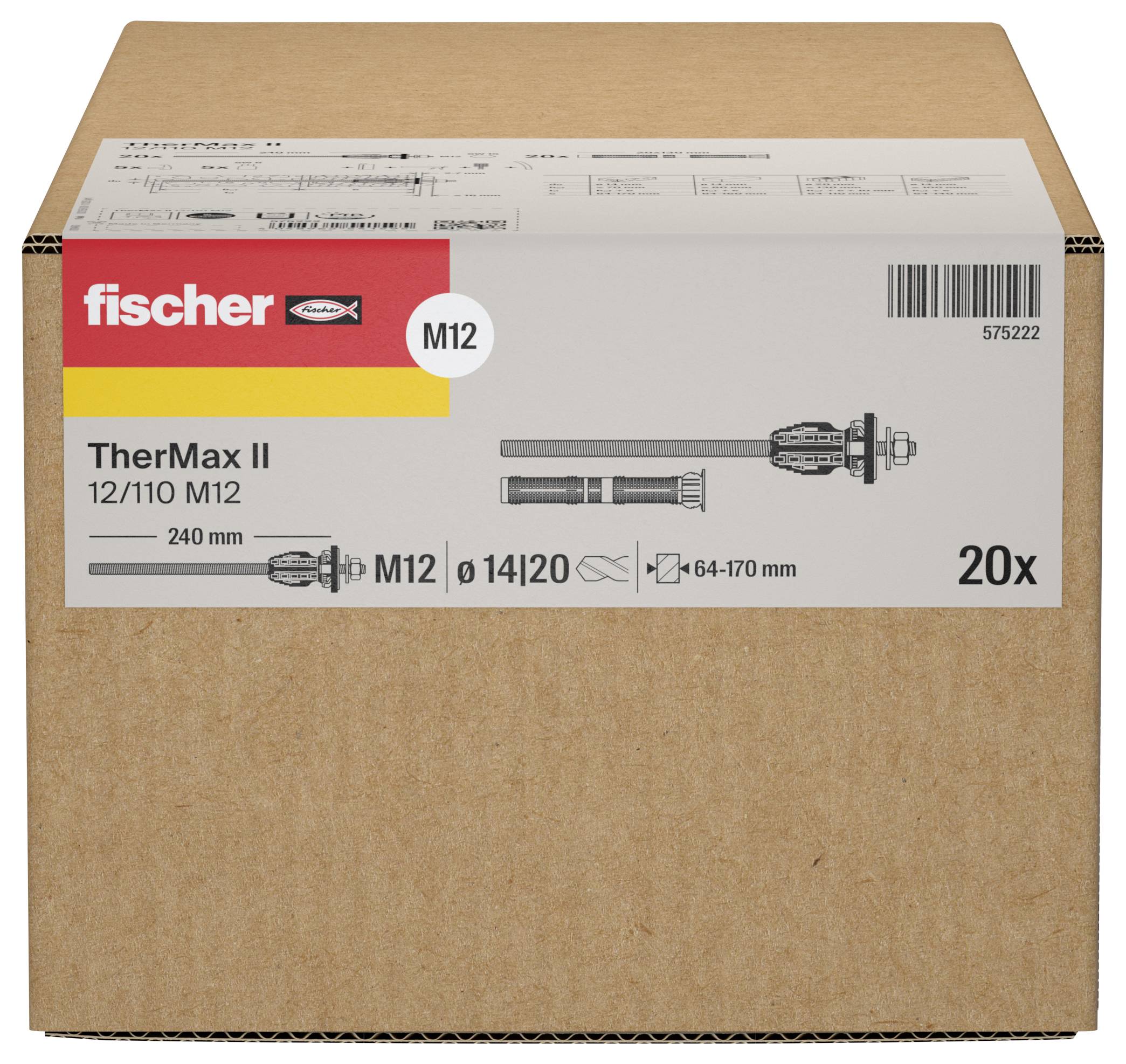 Krabice z lepenky označená "fischer TherMax II 12/110 M12" s obrázky produktu, čárovým kódem a množstvím "20x".