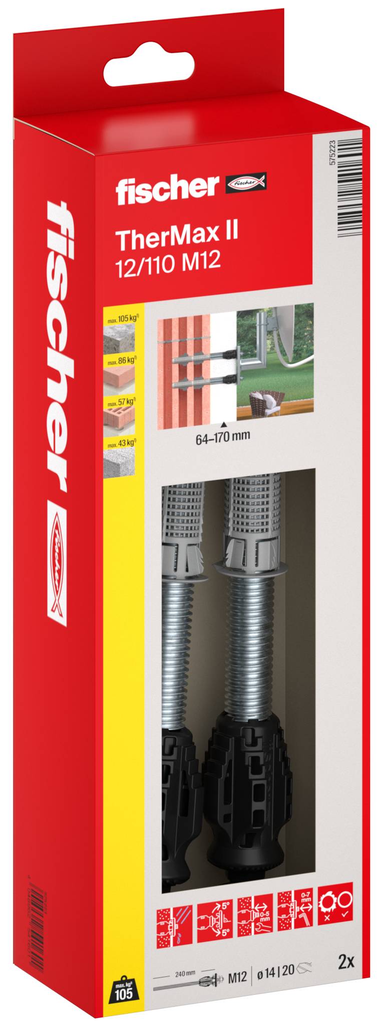 Balení kotev fischer TherMax II 12/110 M12 na připevnění na stěnu v červené krabici, zobrazující dva kotvy a rozsah zatížení 64-170 mm.