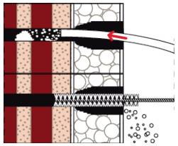 Diagram stěny se skládanými vrstvami zobrazující šipku toku směřující doleva a pohyb materiálu izolací; spodní vrstva ukazuje částice unikající vpravo.