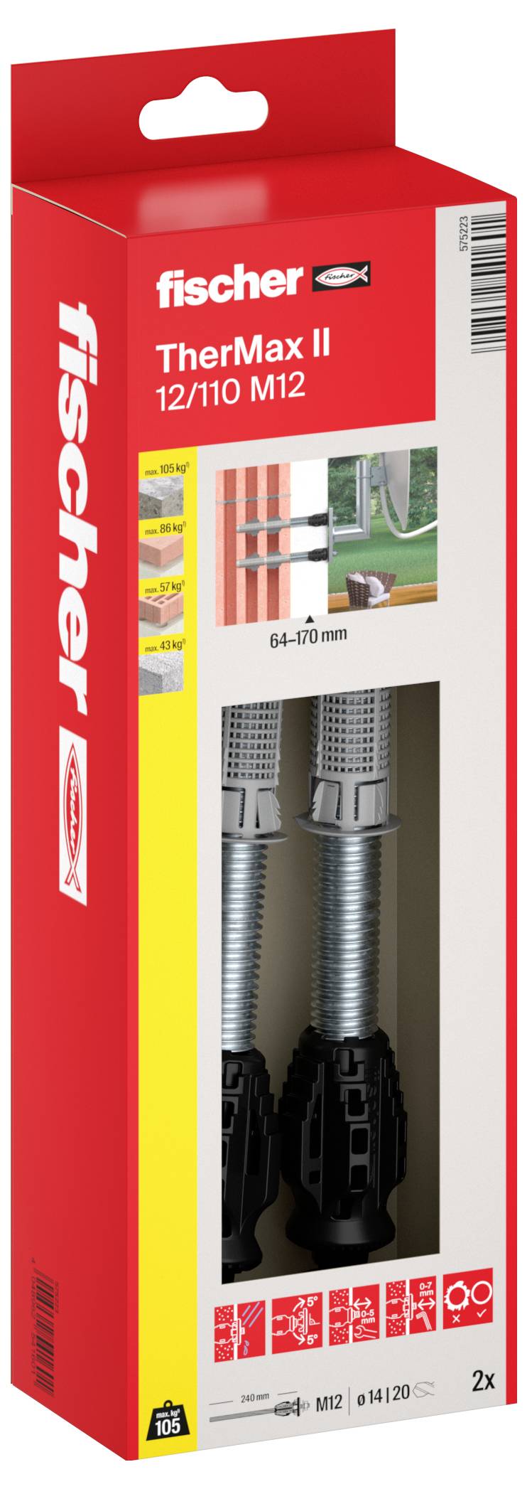 Krabice sady na upevňování zdicího prvku Red Fischer TherMax II M12/110 s obrázkem produktu a značkou 'fischer' pro 2 kotvy.