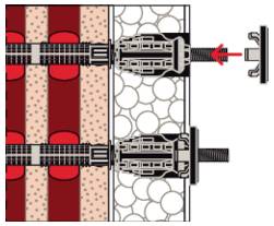 Diagram mechanické kotvy vkládané do vyvrtaného otvoru ve zdi, zobrazující expanzní objímky zajišťující se v podkladu.
