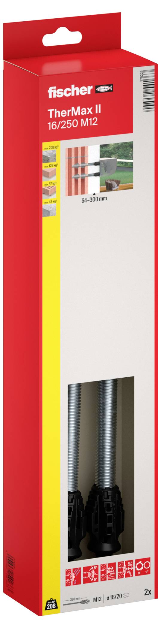 Red Fischer TherMax II sada kotev v krabici označené '16/250 M12' s obrázkem produktu a čárovým kódem, určená pro aplikace připevňování na stěnu.
