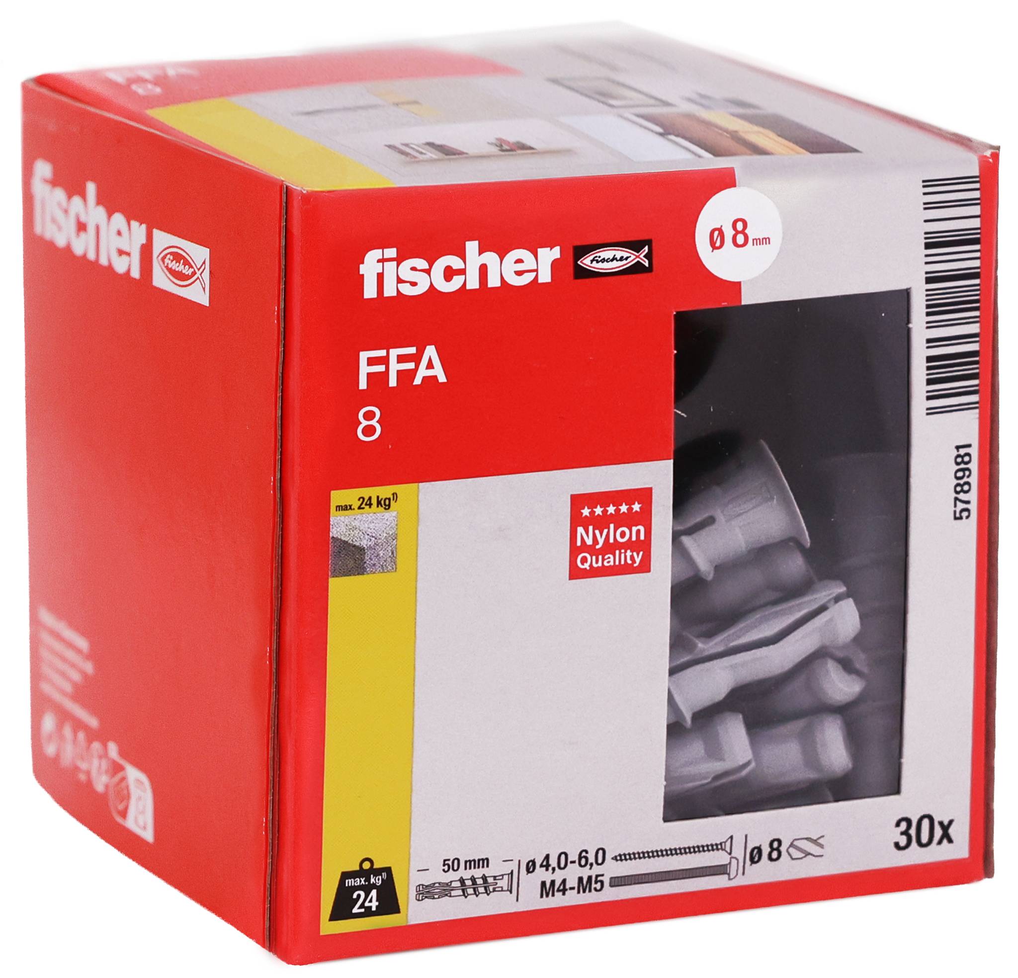 Červenobílá krabička kotev do zdi Fischer FFA 8 z nylonu, zobrazující 30 kusů pro otvory 8 mm a zátěž až 24 kg.