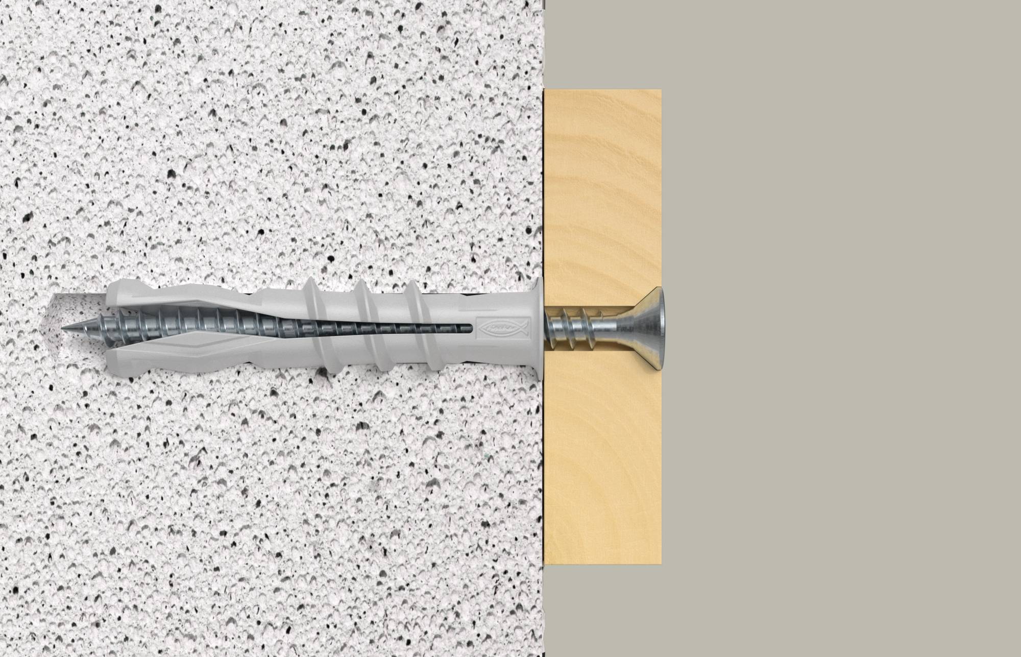 Řez ilustrací nástěnné zásuvky a šroubu ukotvené ve zdi, zobrazující šroub vsunutý do hmoždinky uvnitř materiálu zdi.