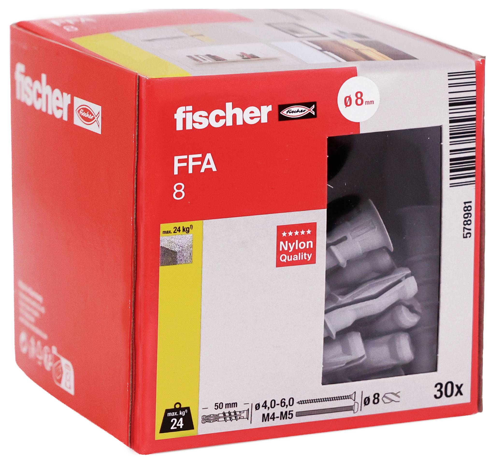 Krabice s nulovými hmoždинkami Red Fischer FFA 8 z nylonu na zeď, označení 8 mm, 30 kusů, max 24 kg.