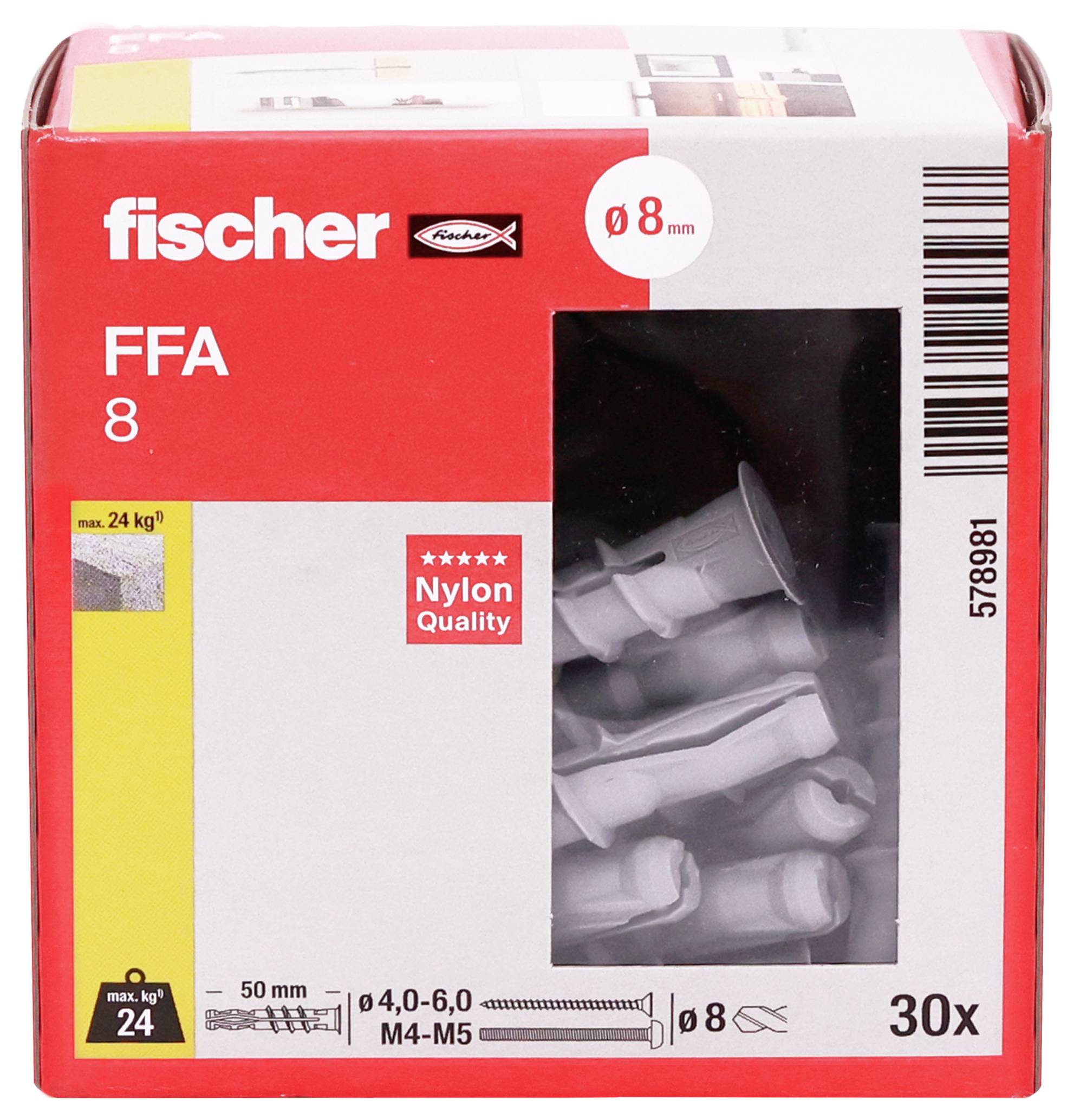 Krabička nylonových hmoždinek Fischer FFA 8, 8 mm, 30 kusů, s produktovým oknem a nosností až 24 kg.