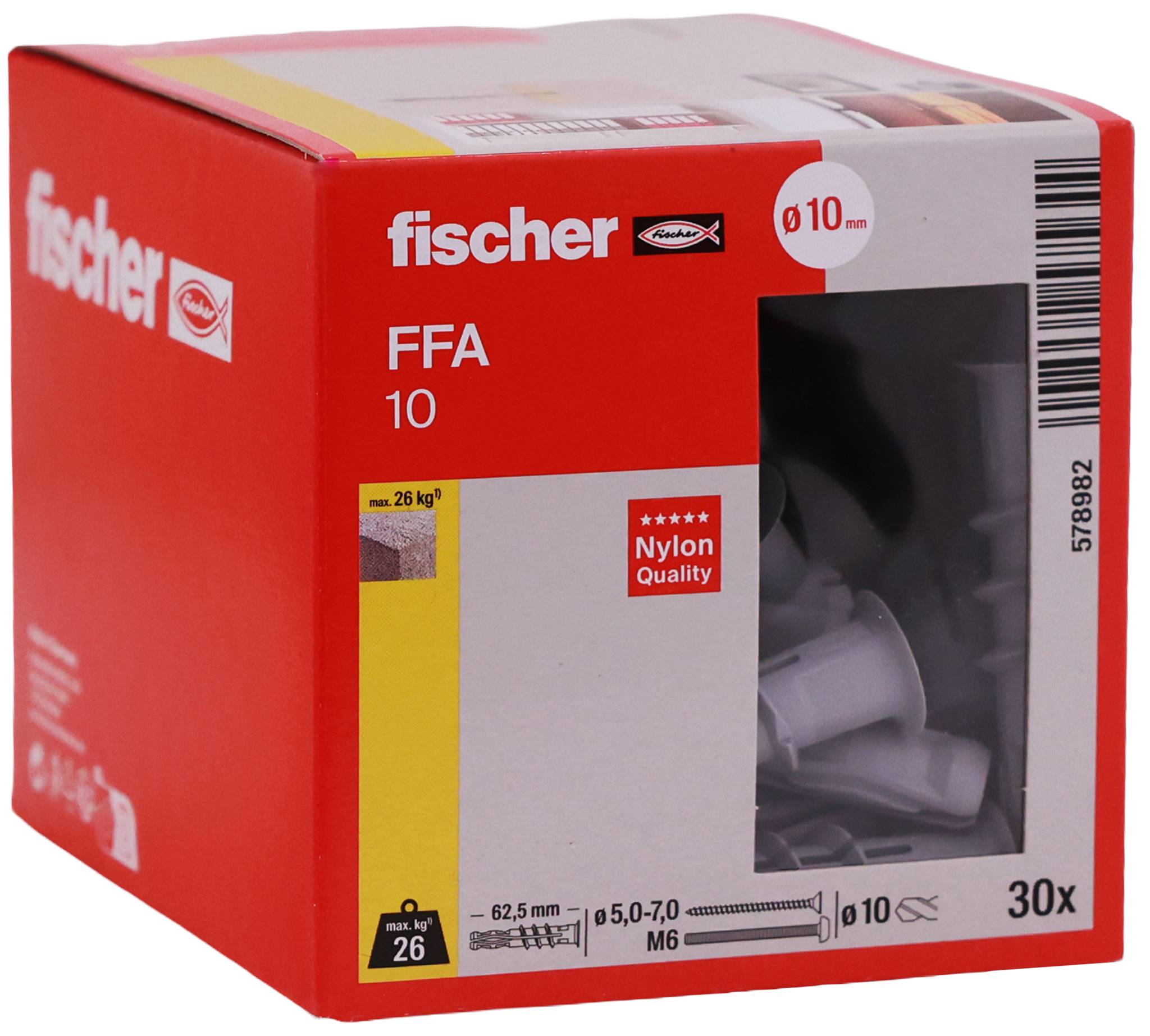 Balení nylonových kotev Red Fischer FFA 10, označené '30x' a 'ø10 mm', ukazující vložky kotev skrze průhledné okno.