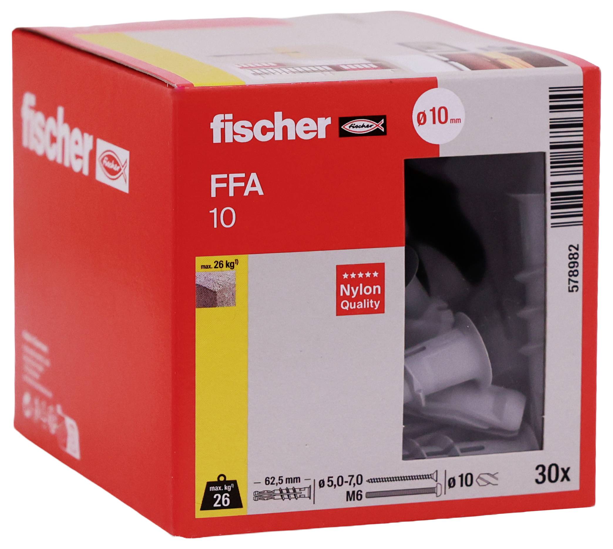 Červená krabice nylonových kolíků do zdi Fischer FFA 10 s viditelnou velikostí '10 mm' a množstvím '30x', která ukazuje kotvy uvnitř balení.