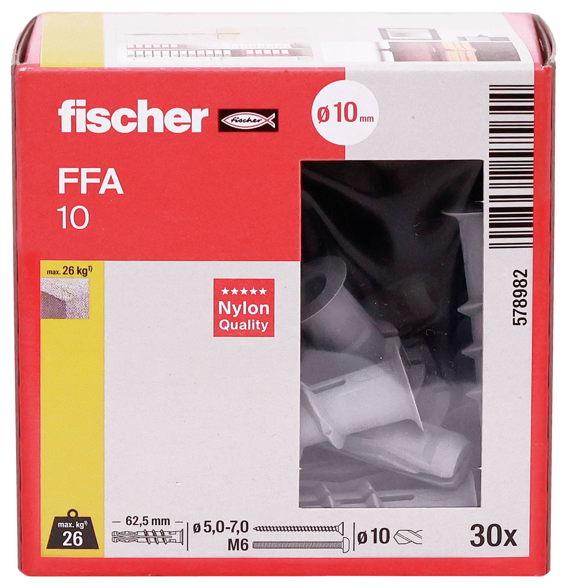 Balení nylonových hmoždinek fischer FFA 10, 30 kusů, pro otvory 10 mm a zatížení až 26 kg.