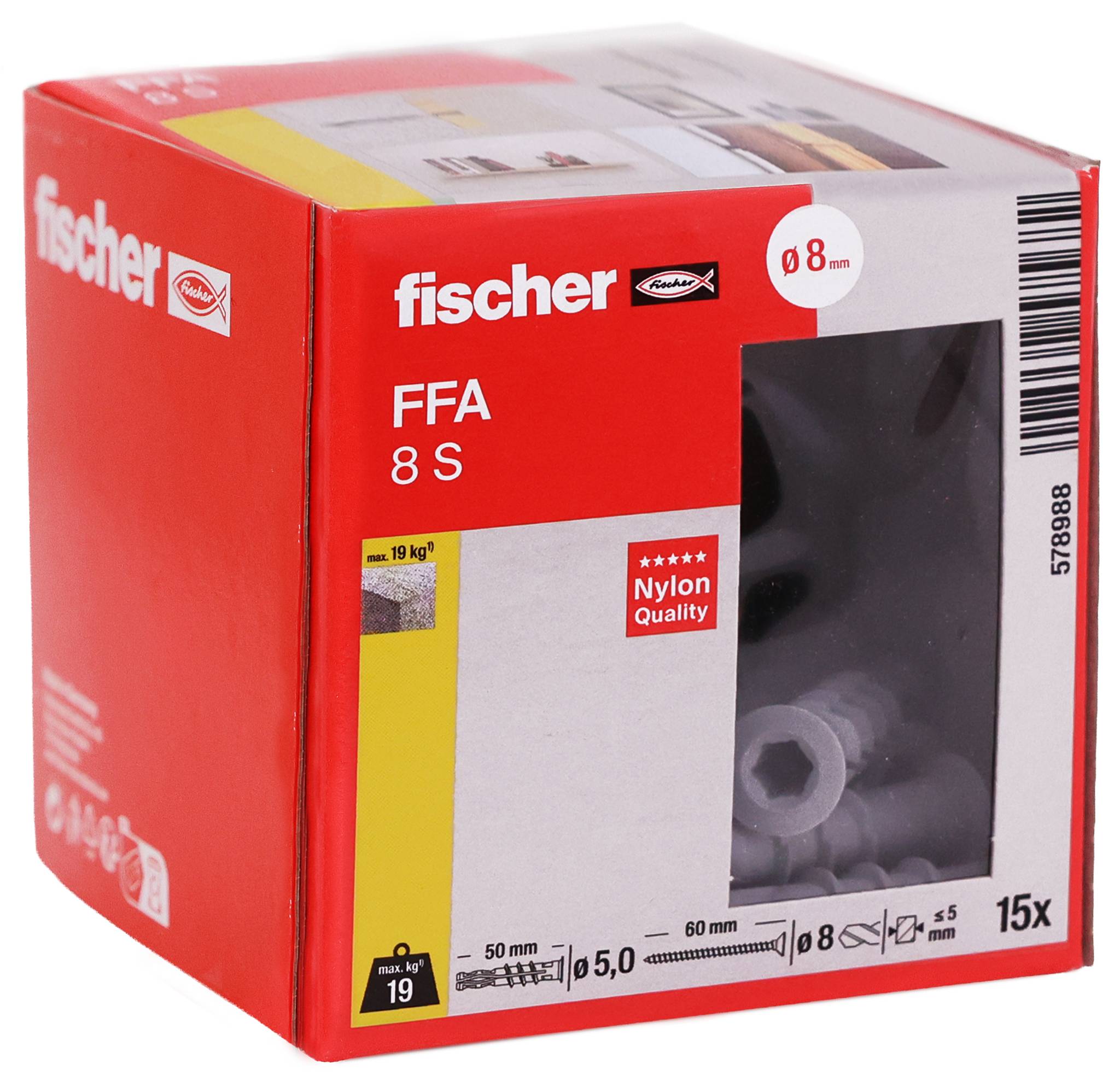 Krabička nylonového kotvy do stěny Red Fischer FFA 8 S s 15 kusy viditelných skrze přední okno.