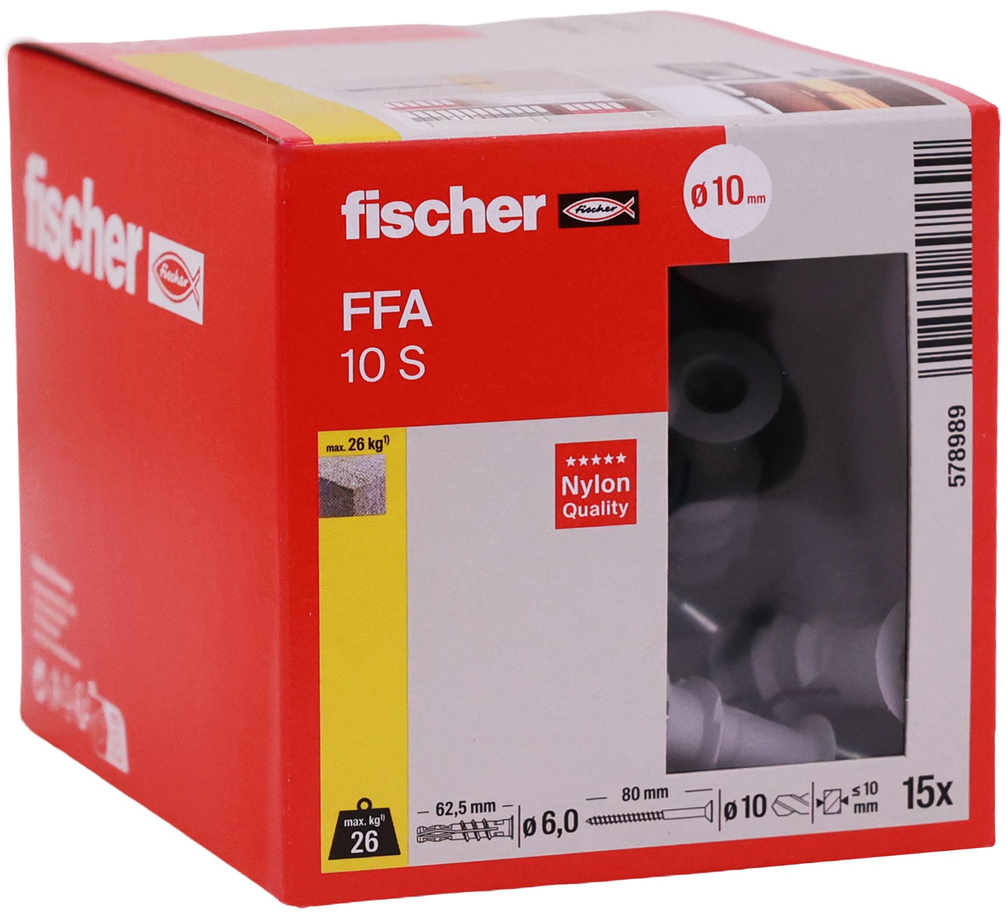 Krabička nylonových hmoždinek do zdi Red Fischer FFA 10 S s průhledným oknem, označená '10 mm' a balení velikosti '15x'.