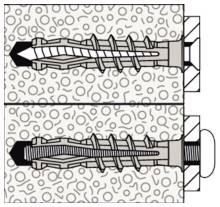 Diagram průřezu zobrazující dva šroubové kotvy ukotvené ve zdi, ilustrující různé tvary špičky a návrhů závitů uvnitř materiálu.