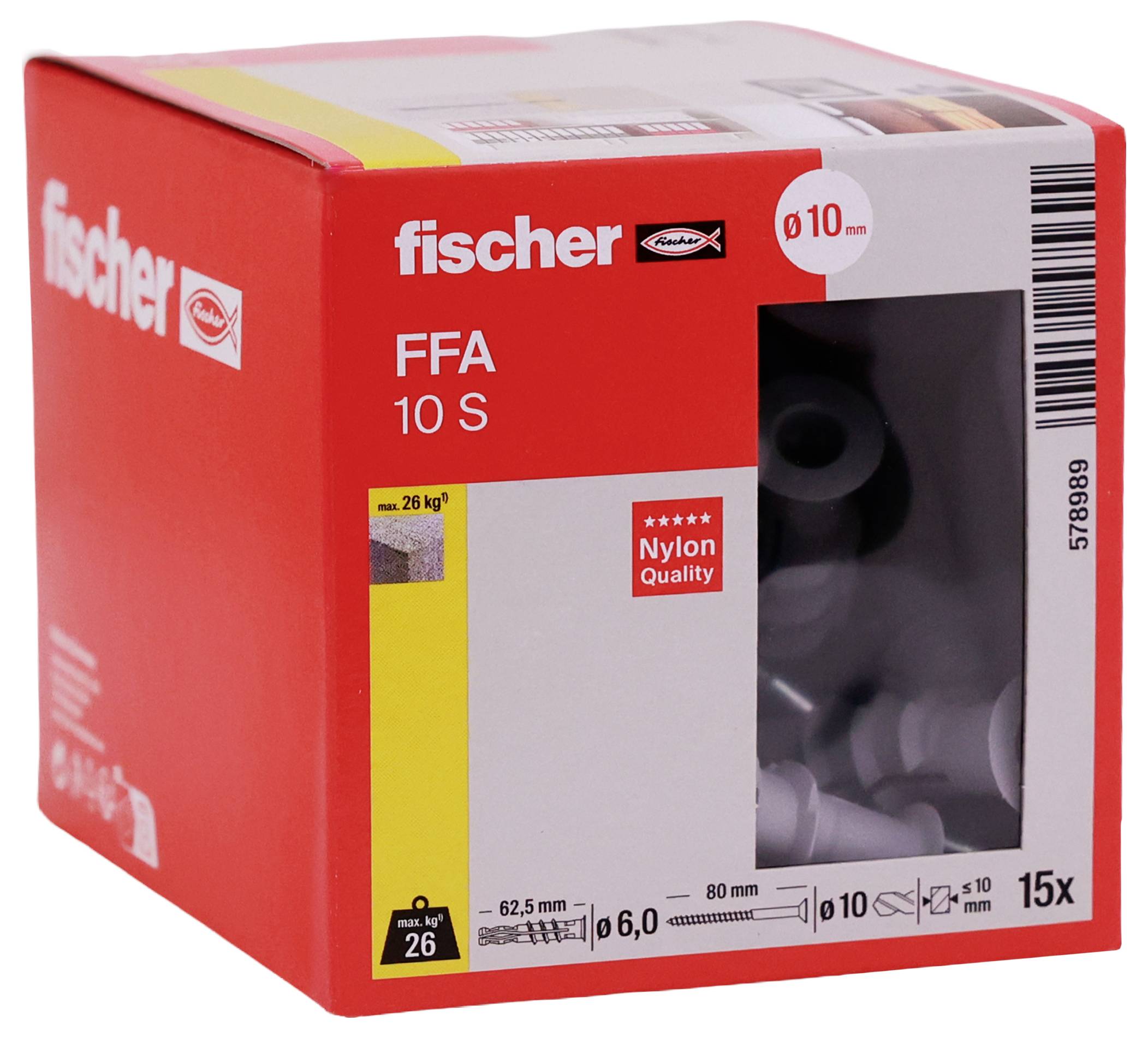 Červená kotvicí box Fischer FFA 10 S nylon, označený pro 10 mm a 15 kusů, s oknem fotografie produktu.