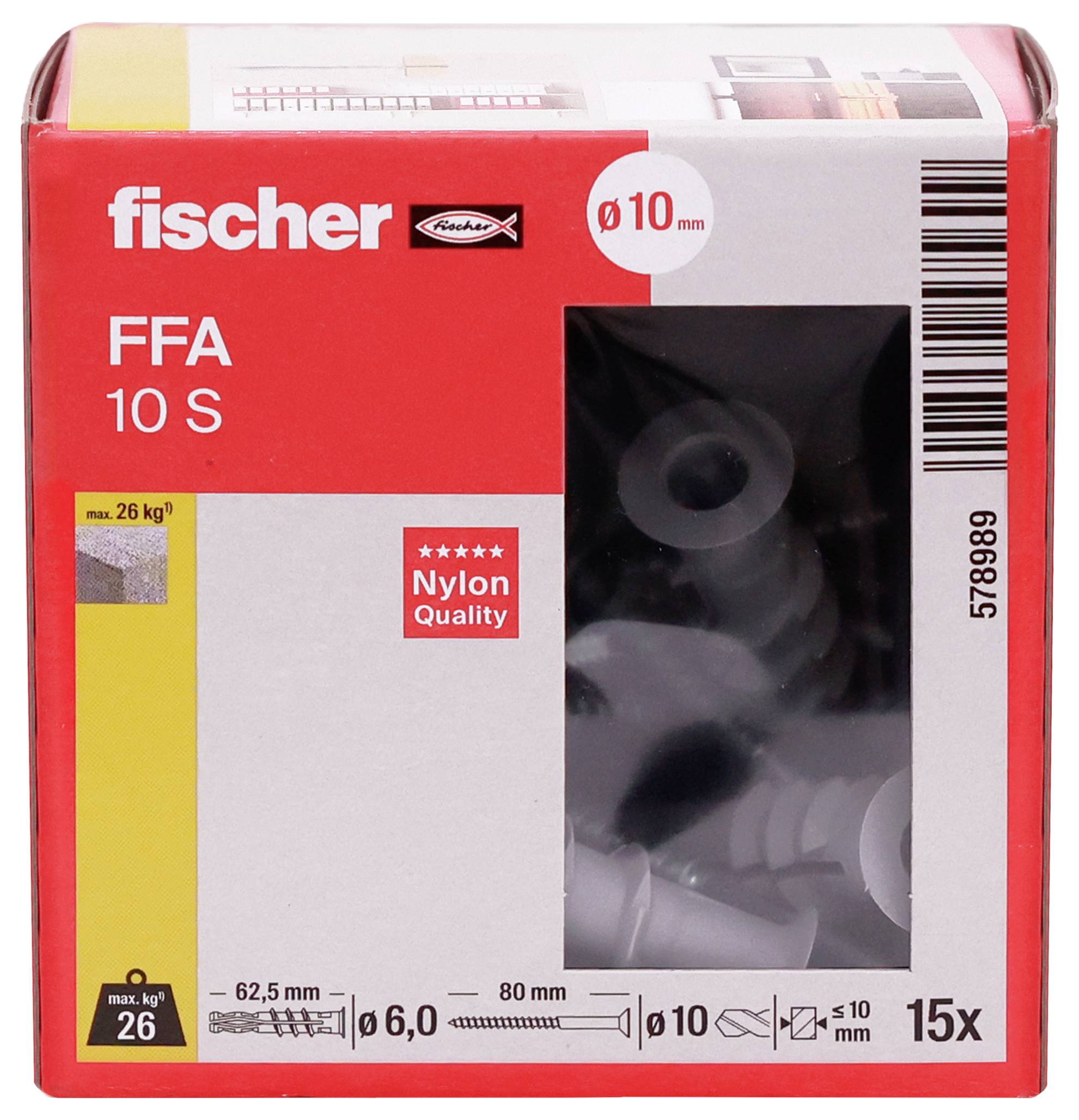 Balení závěsů Fischer FFA 10 S do zdi, obsahující 15 šedých nylonových závěsů, průměr 10 mm, maximální zatížení 26 kg
