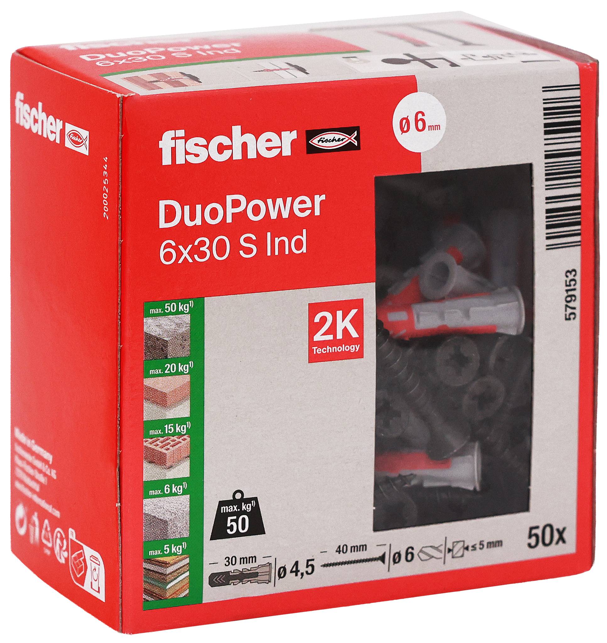 Krabice se závěsnými kotvami Red Fischer DuoPower 6x30 S do zdiva s viditelnými kotvami skrz přední okno, označená 50x a 6 mm.