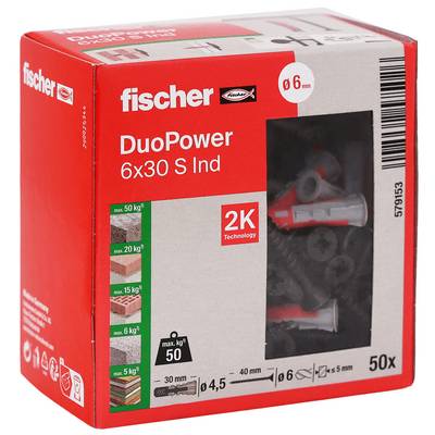 Krabice se závěsnými kotvami Red Fischer DuoPower 6x30 S do zdiva s viditelnými kotvami skrz přední okno, označená 50x a 6 mm.