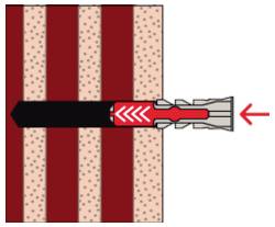 Diagram kotevního šroubu zasunutého skrz stěnu nebo panel, zobrazující červený spojovací prvek expandující do základního materiálu zprava doleva.