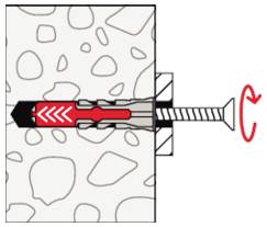 Diagram ukazující rozšiřující se betonový kotevní šroub ve zdi, jak se upevňuje při utahování šroubu ve směru hodinových ručiček, zobrazující způsob, jak uchopuje materiál.