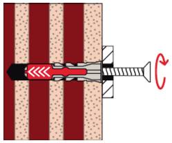 Diagram kotvy do stěny se šroubem, který se utahuje do vrstvení materiálu, zobrazující expanzi uvnitř stěny a šipku ukazující otáčení ve směru hodinových ručiček.