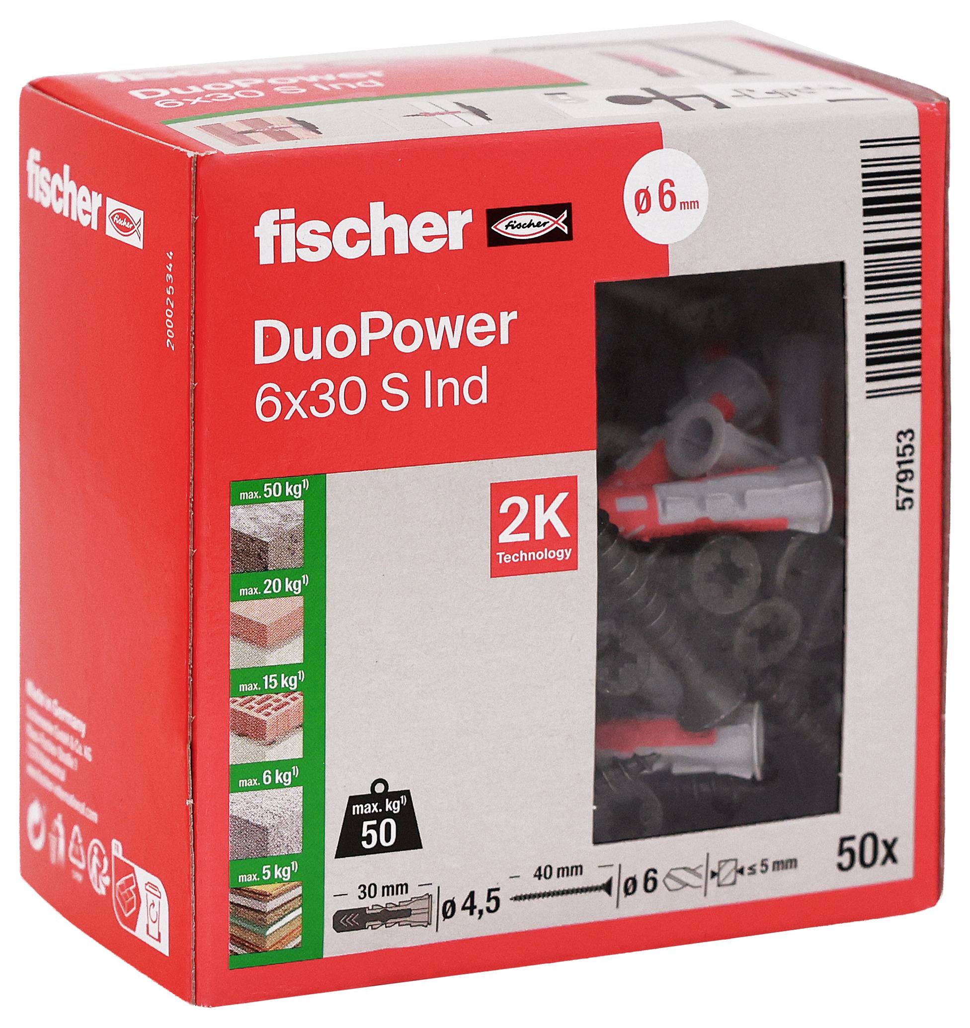 Krabice kovových hmoždinek Fischer DuoPower 6x30 S, označená „50x" a „50 kg", s okénkem zobrazujícím červeno-šedé hmoždinky uvnitř.