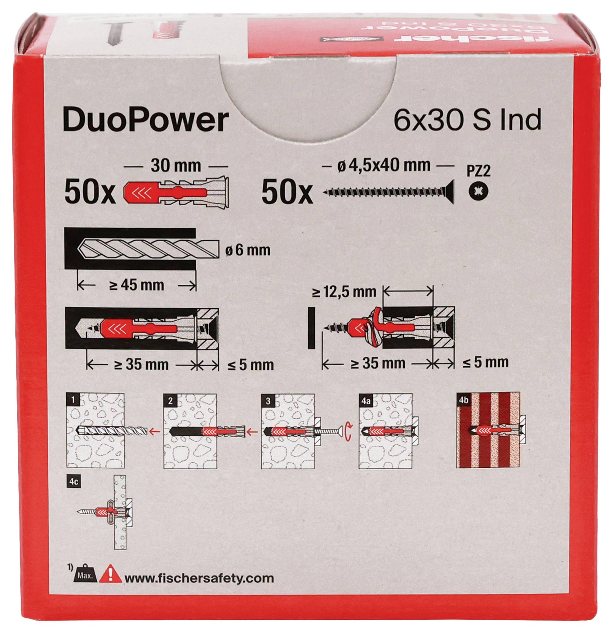 DuoPower 6x30 S Ind nástavbová kotva - krabička ukazující instalační diagramy, velikosti vrtů, rozměry šroubů a kroky zatížení.