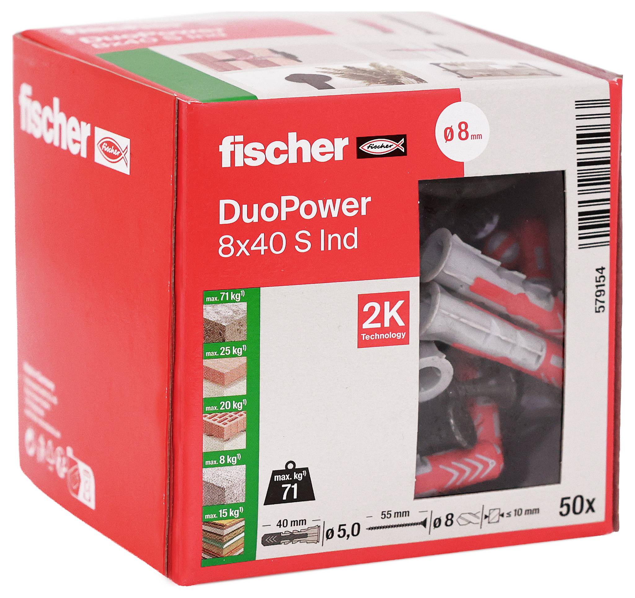 Red Fischer DuoPower 8x40 S Ind zástrčka do stěny v krabici s 50 kusy, velikost vrtáku 8 mm a nosnosti tištěné na přední straně.