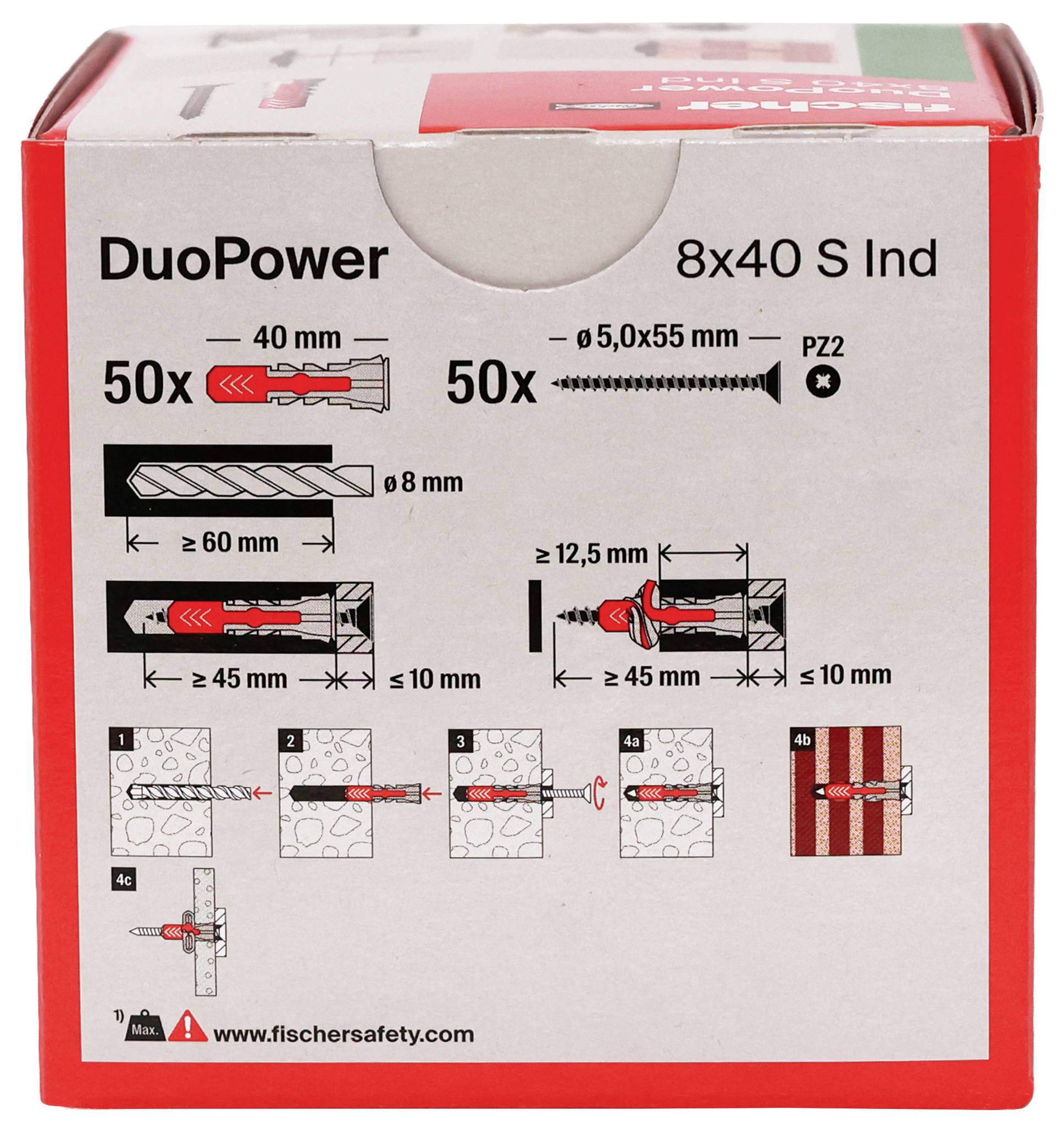 Balení nástěnné kotvy DuoPower zobrazující 50x kotvy 40 mm a 50x šrouby 5,0x55 mm s instalačními diagramy a hloubkami vrtání.
