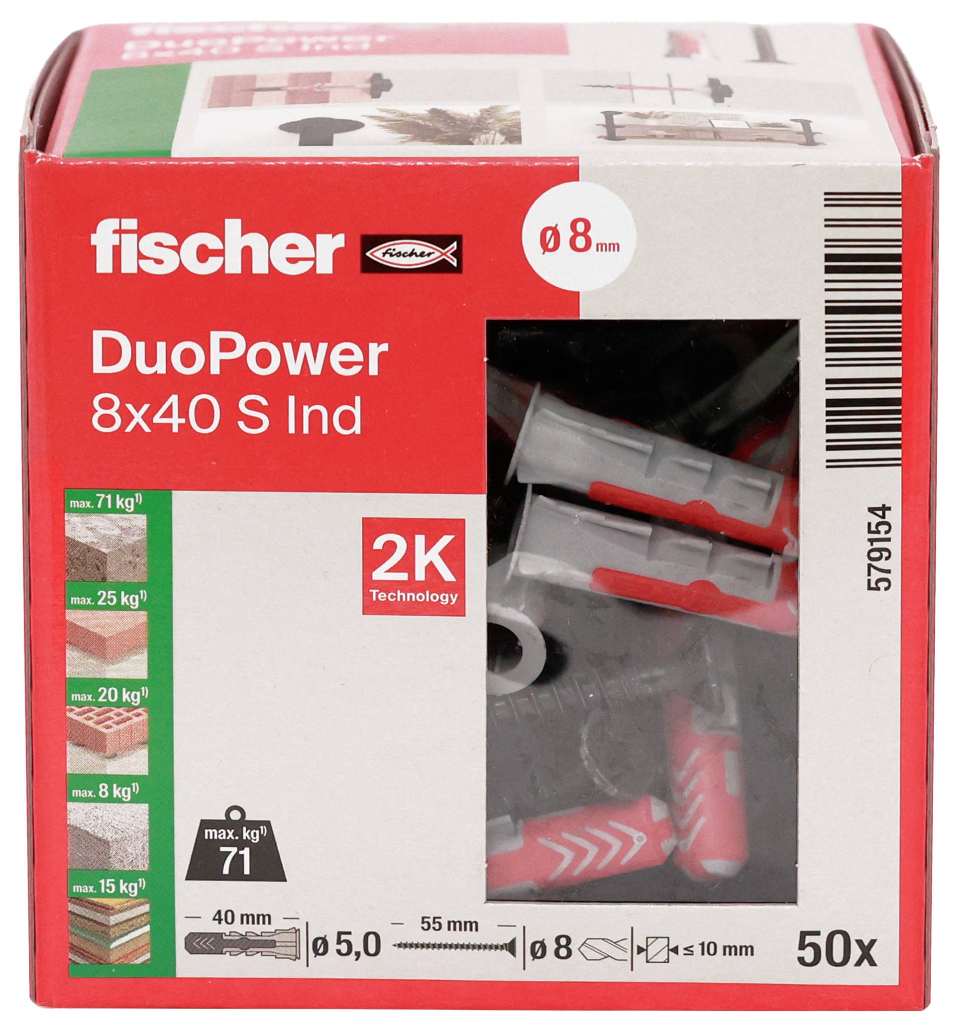 Krabice kotev do stěny Fischer DuoPower 8x40 S, balení 50 kusů, s technologií 2K a nosností až 71 kg.