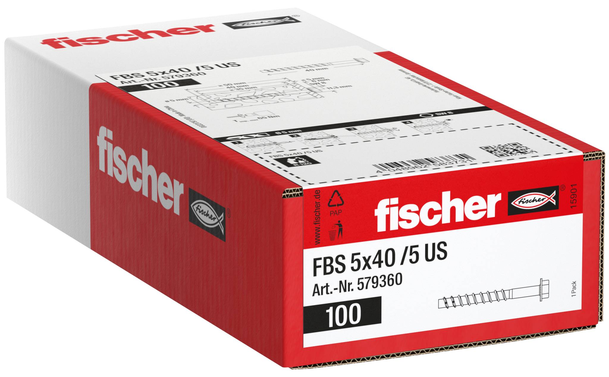 Krabice produktu Fischer FBS 5x40/5 US upevňovací prvky, červeno-bílé balení označené '100' a Art.-Nr. 579360.
