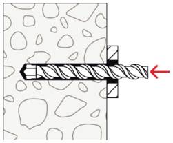 Diagram zobrazující dva závitové spojovací prvky zapuštěné v vrstvovém materiálu, s červenými šipkami označujícími směr otáčení a směr vložení/vyjmutí, plus ikony oka a stopek naznačující inspekci a časování.