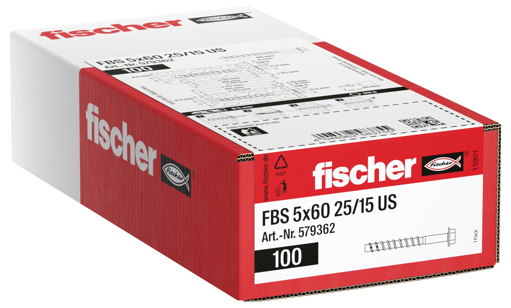 Krabice betonových vrutů Fischer FBS 5x60, označená „100" a „FBS 5x60 25/15 US", zobrazená na bílém pozadí.