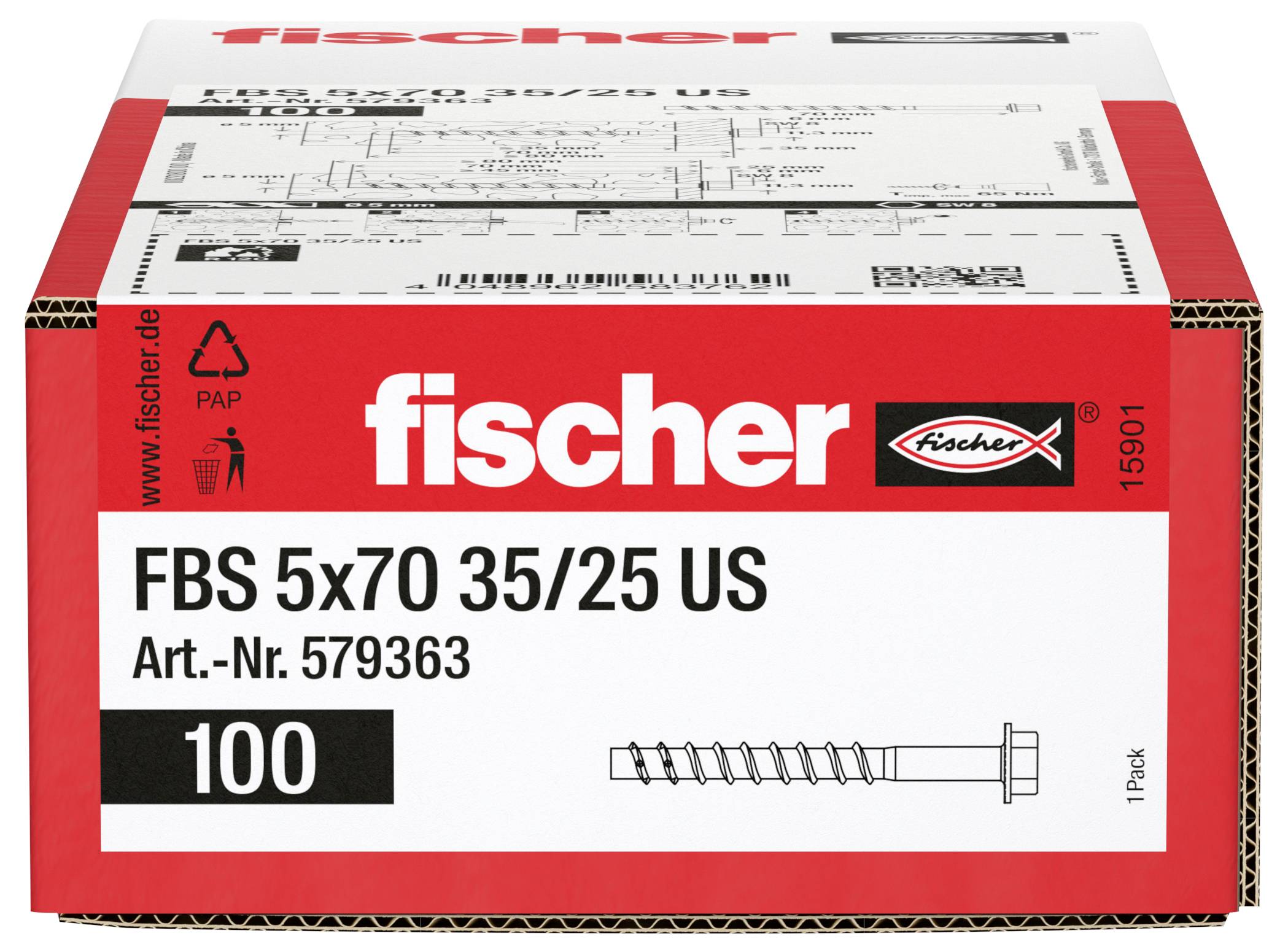 Krabička šroubů Fischer FBS 5x70 35/25 US, Art.-č. 579363, množství 100 kusů, s ilustrací produktu a červeným balením.
