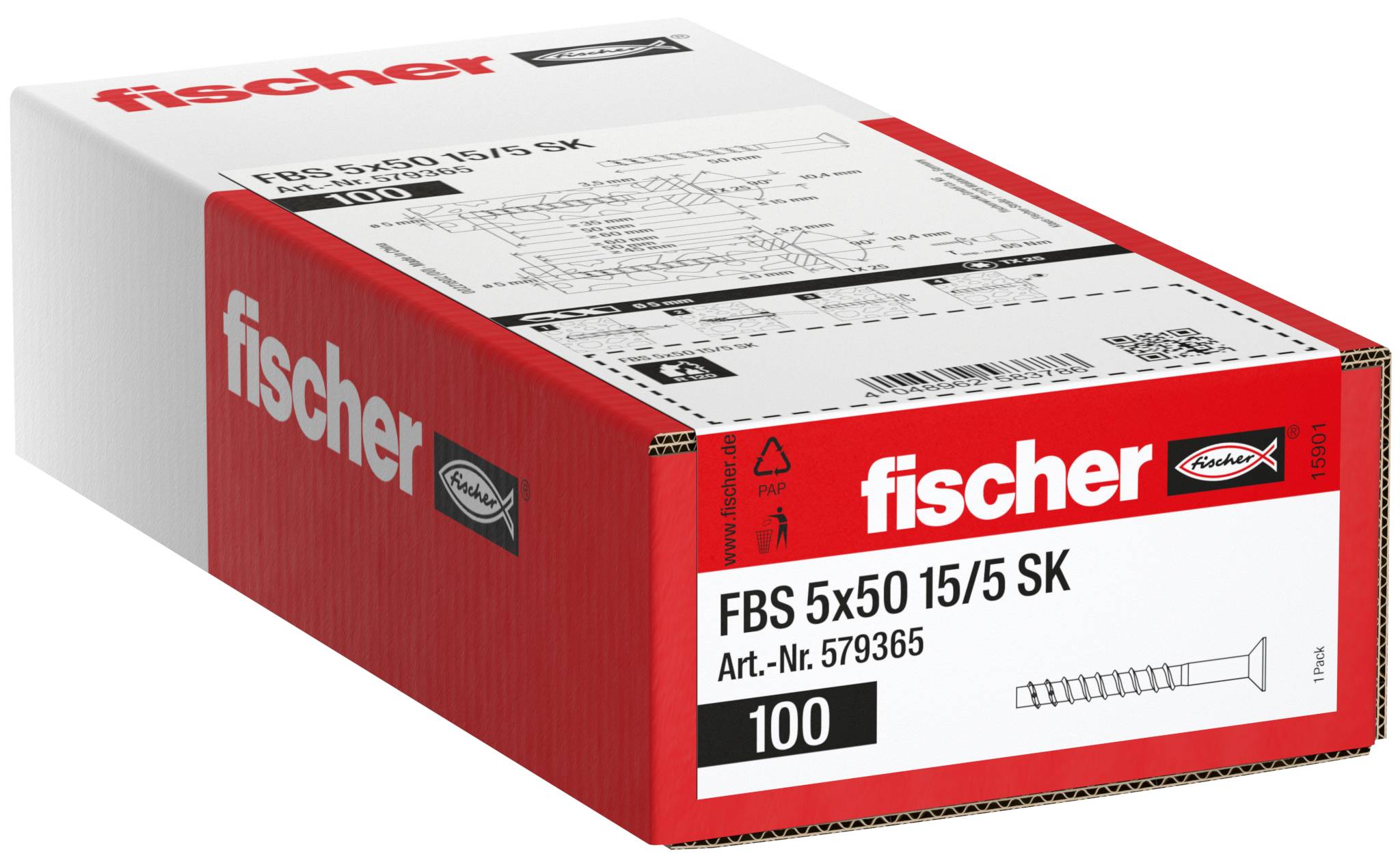 Obrázek krabice Fischer s FBS 5x50 15/5 SK vruty, označené 100 kusů a Art.-č. 579365.