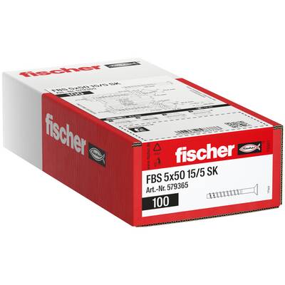 Obrázek krabice Fischer s FBS 5x50 15/5 SK vruty, označené 100 kusů a Art.-č. 579365.
