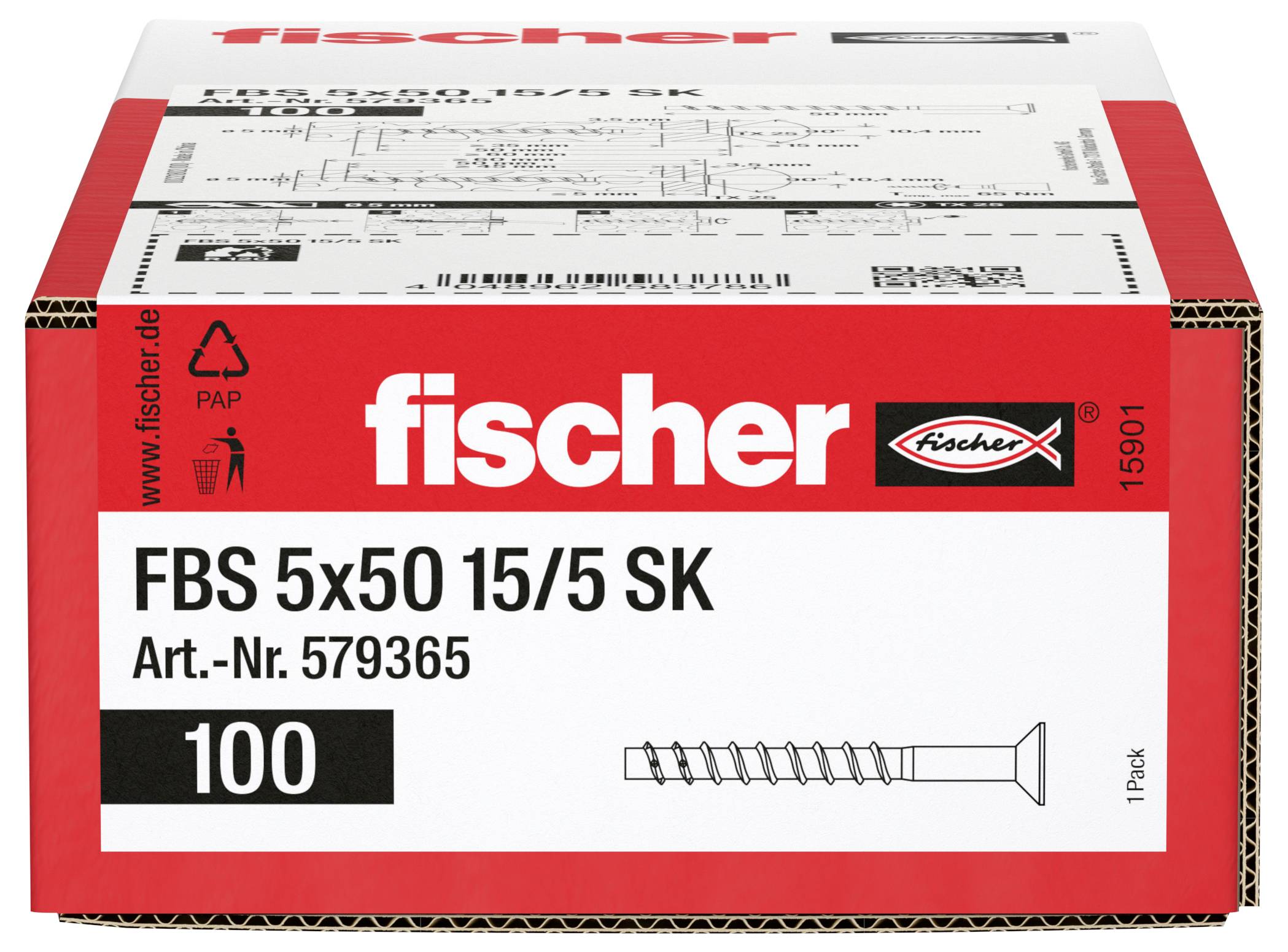Krabice šroubů Fischer FBS 5x50 15/5 SK, označené Art.-Nr. 579365, balení po 100 kusech.
