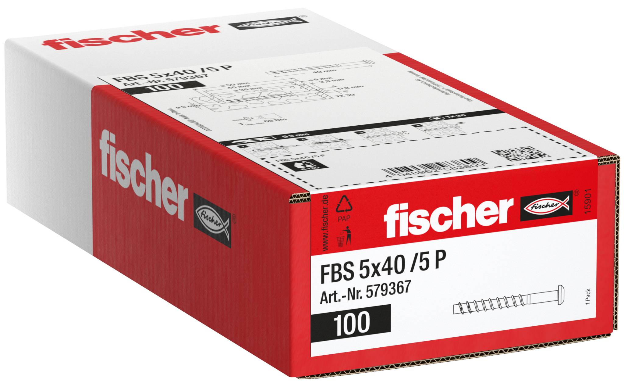 Krabice kotev na fixaci fischer FBS 5x40 /5 P, balení 100 kusů, zobrazeno v červeno-bílém balení s detaily produktu na etiketě.