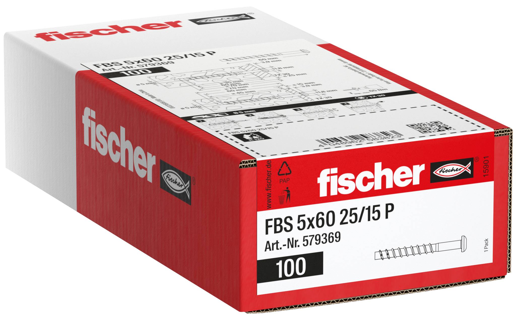 Obrázek krabice kotev Fischer s označením "FBS 5x60 25/15 P" s počtem 100 kusů a ikonou kotvy na přední straně.