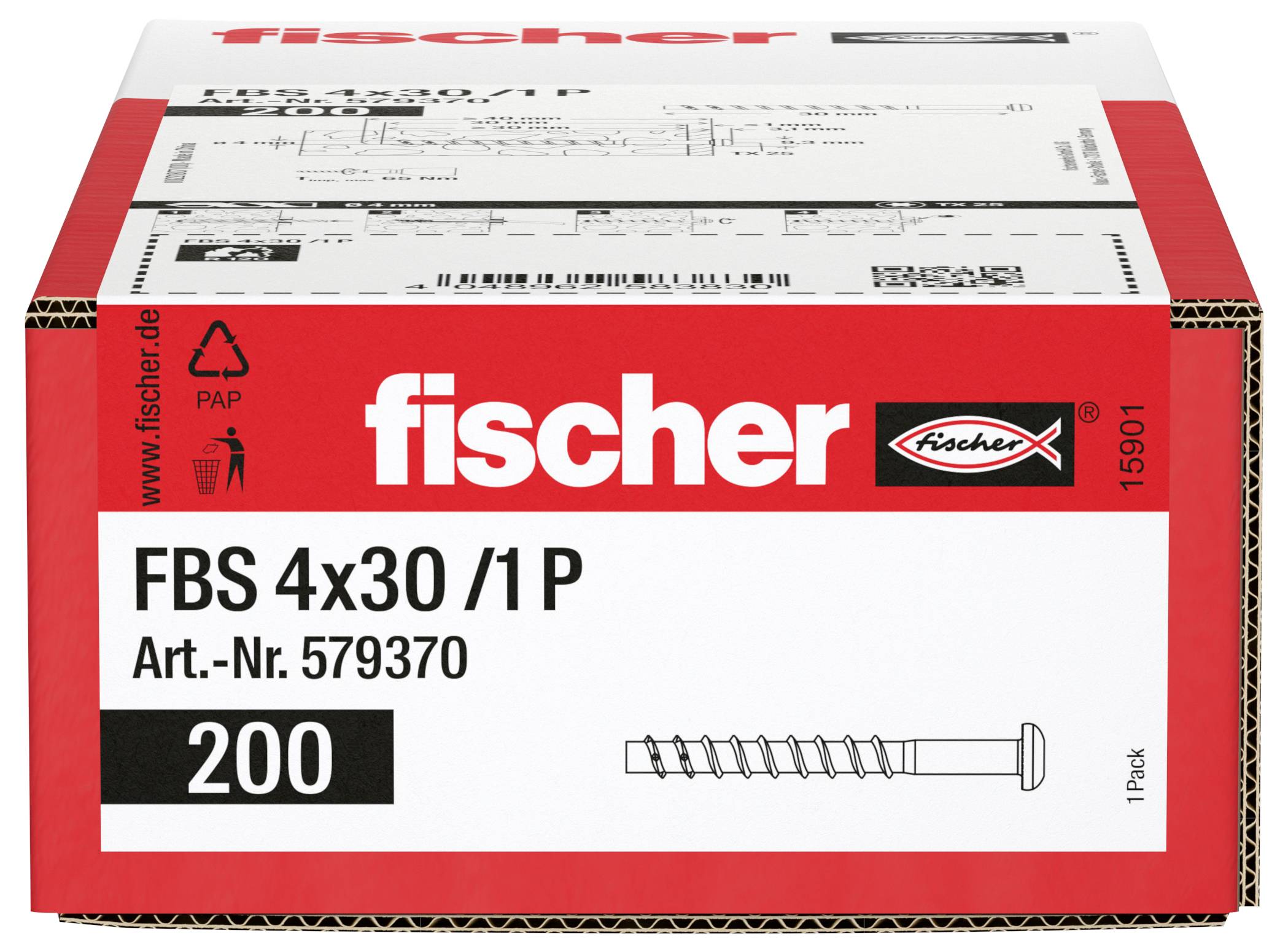Fischer FBS 4x30/1 P krabice s 200 betonovými vruty, s názvem produktu, číslem článku 579370 a obrázkem vrutu.