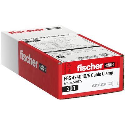Krabice Fischer FBS 4x40 10/5 kabelových svorek, balení s 200 ks spolu se štítkem produktu a ilustrací šroubu.
