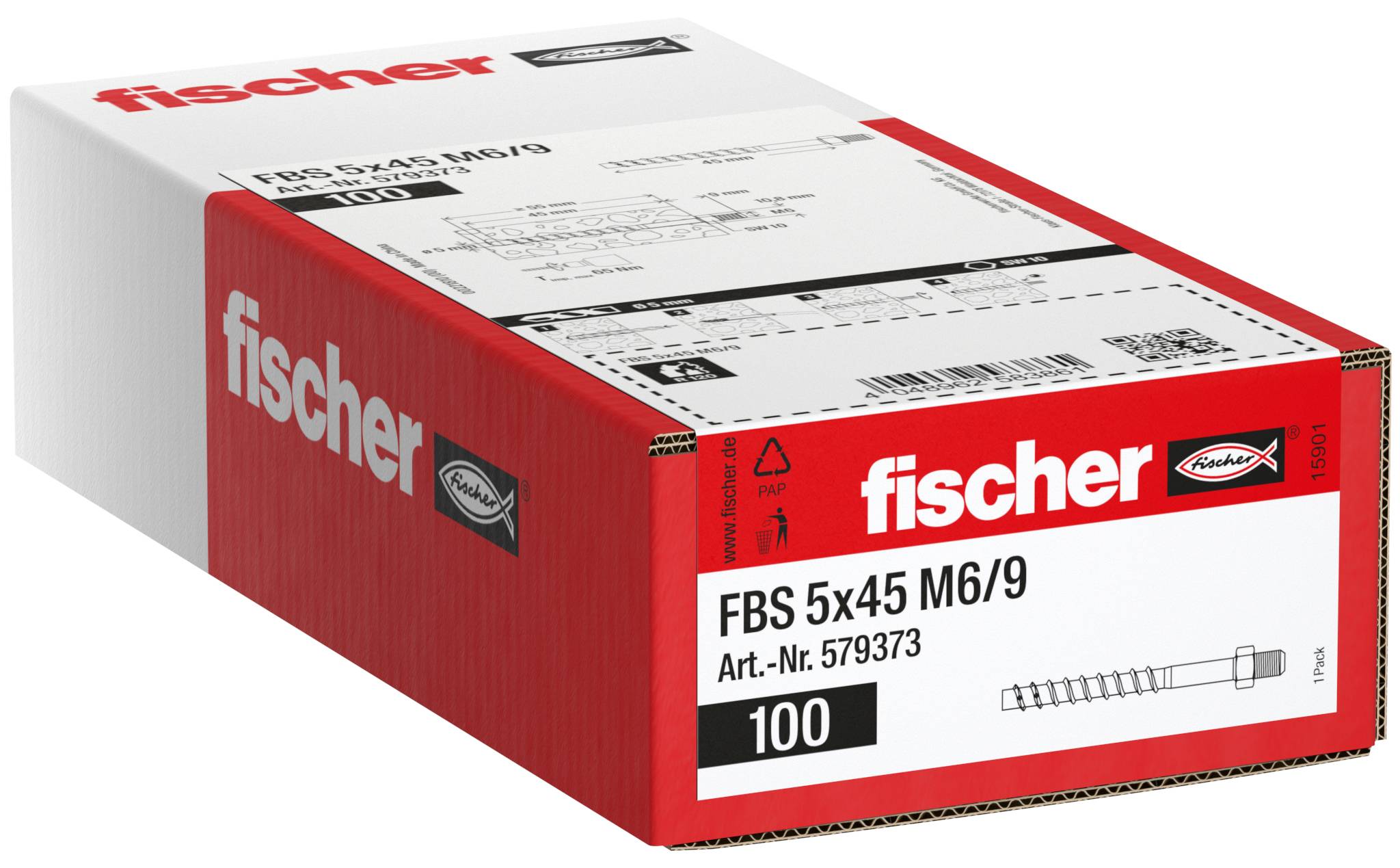 Krabice Fischer FBS 5x45 M6/9 kotev, balení 100 kusů, zobrazená v červeno-bílém balení s detaily produktu na štítku.