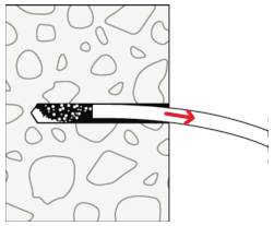 Diagram zobrazující sondu vloženou do porézního materiálu, s červenou šipkou ukazující tok nebo pohyb doprava.
