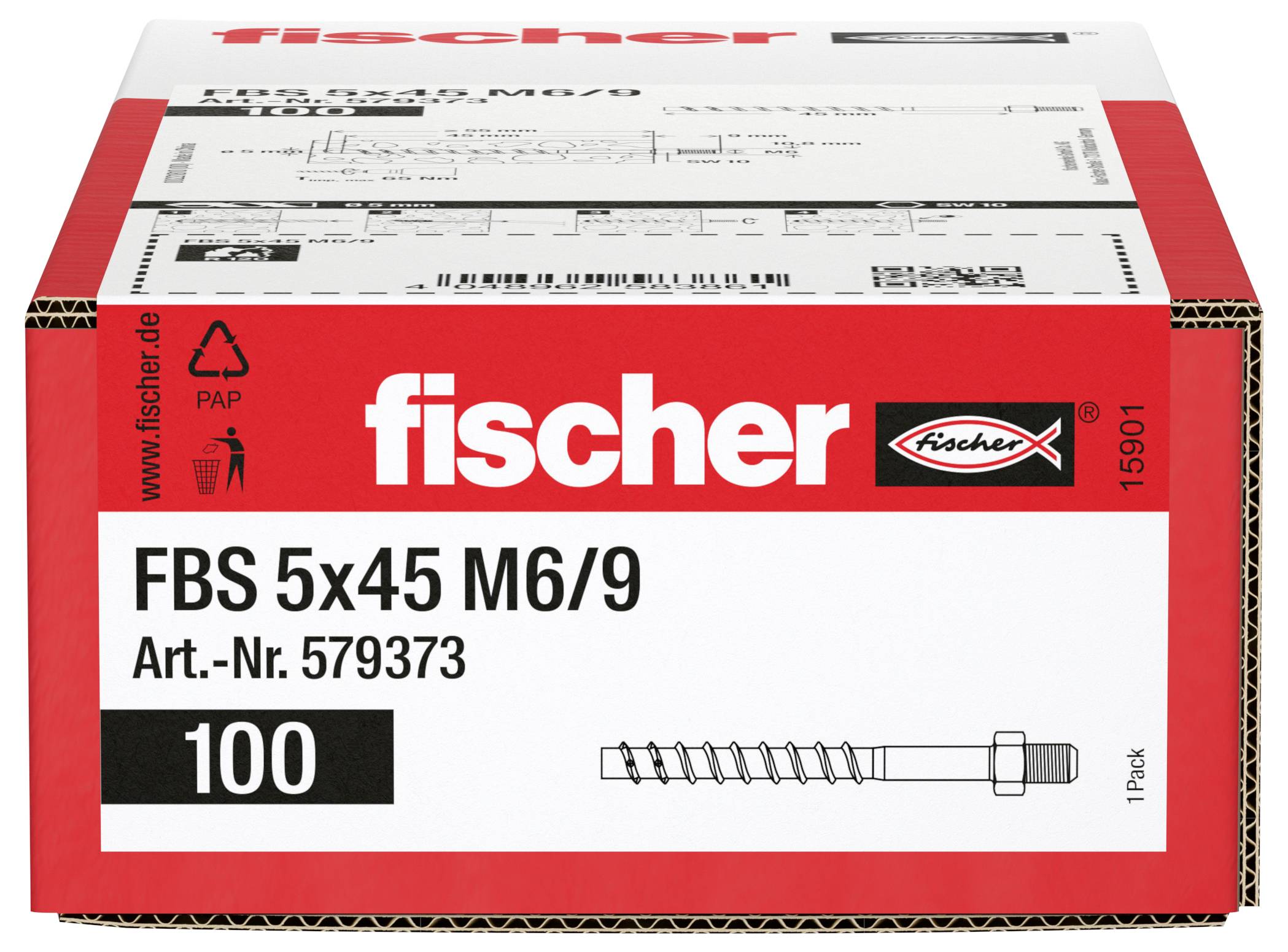 Krabice vrutů fischer FBS 5x45 M6/9, balení 100 kusů, s číslem produktu 579373 zobrazené na štítku.