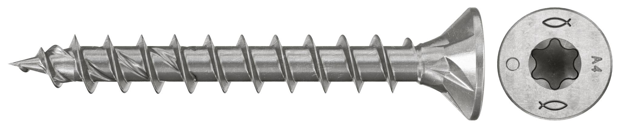 Kovový šroub s plochou zapuštěnou hlavou a Torx pohonem, znázorněný v bočném pohledu s detailem hlavy.