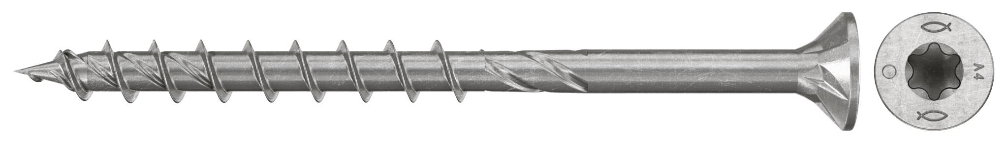 Kovový šroub se závitovým hřídelím zobrazený v bočném pohledu a pohled shora na hlavu šroubu se Torx-style pohonem.