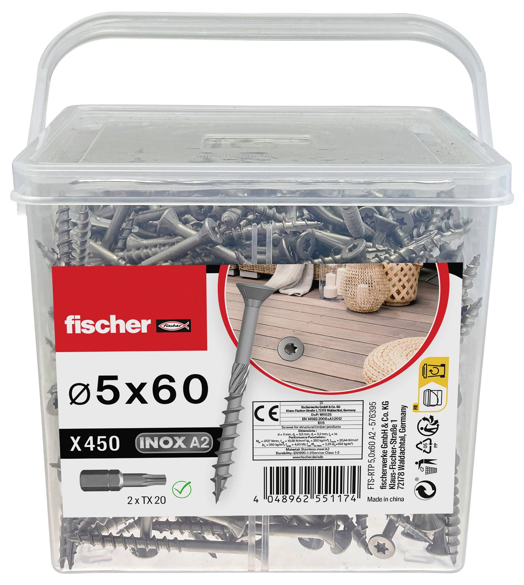 Čirá plastová krabička s nerezovými šrouby Fischer, označená Ø5x60, X450, INOX A2, s rukojetí nahoře.