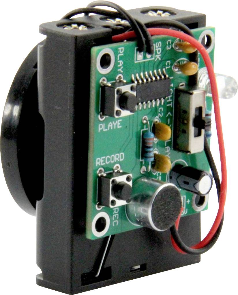 Detailní pohled na malý elektronický modul hlasového záznamu se zvučitelem, deskou s plošnými spoji a tlačítky označenými přehrávání a záznam.