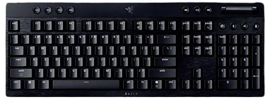 Černá klávesnice Razer s numerickou klávesnicí a ovládáním médií, zobrazená čelně na světlém pozadí.