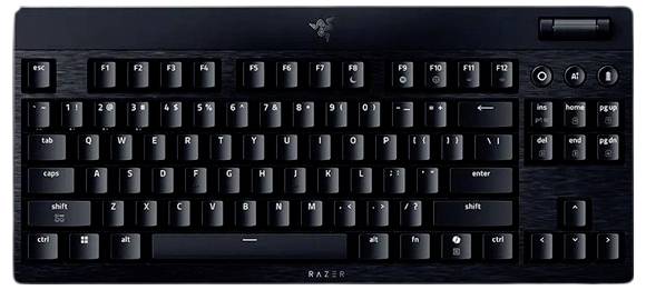 Pohled shora na plnoformátovou černou klávesnici Razer s kompaktní číselnou klávesnicí, funkčními klávesami, šipkami a ovládáním médií.